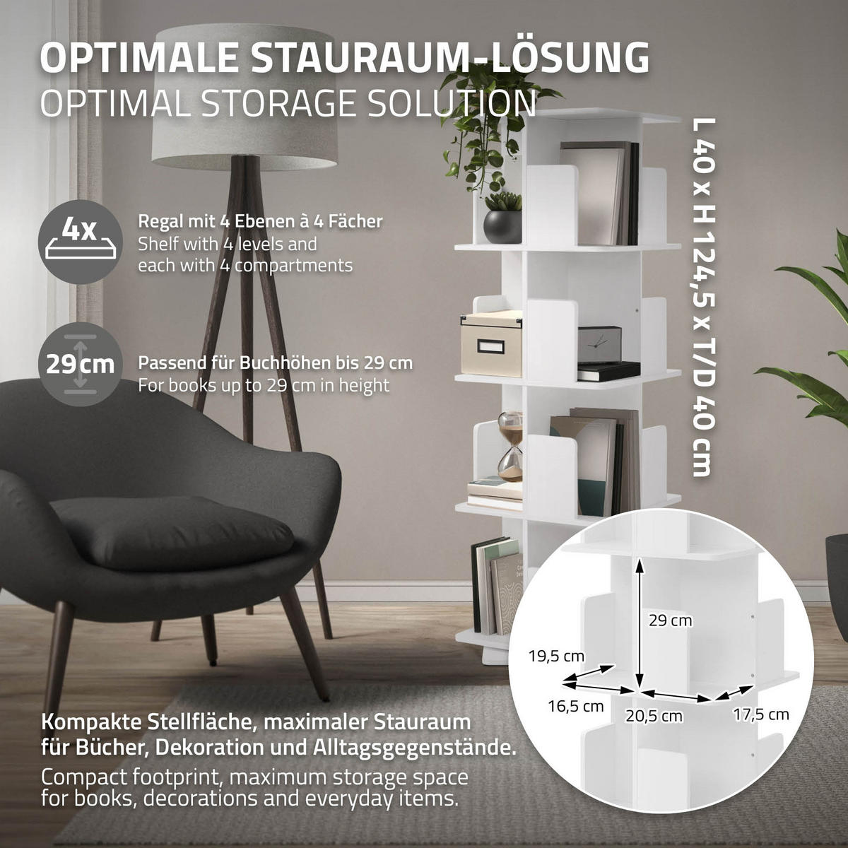 BÜCHERREGAL Kinder mit 4 Ebenen Weiß 40x124,5x40 cm Drehbar 360 Grad - Weiß, Holzwerkstoff (40/124.5/40cm) - ML-DESIGN