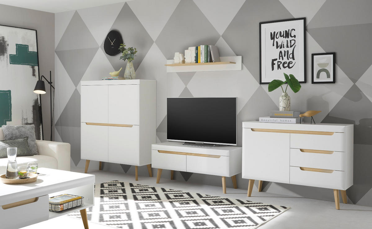 WOHNWAND 4-teilig weiß matt, Eiche, skandinavisch 361 cm, Wohnkombination mit Soft-Close - Eichefarben/Weiß, Holz/Holzwerkstoff (361/170/40cm) - Furn.Design