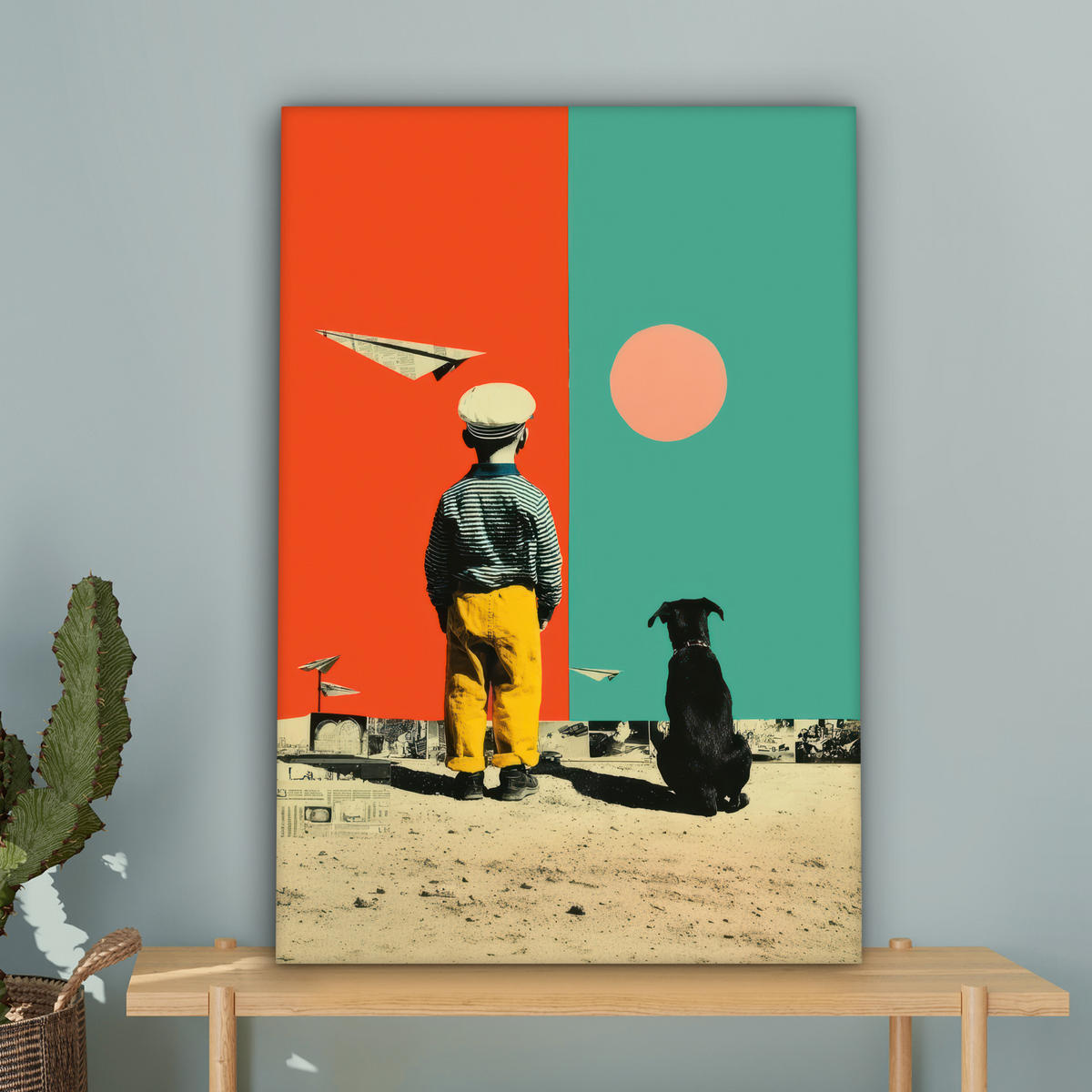 LEINWANDBILD Retro - Junge - Hund - Rot - Grün Wanddeko Schlafzimmer 60x90 cm - Orange, Textil (60/90cm) - MuchoWow