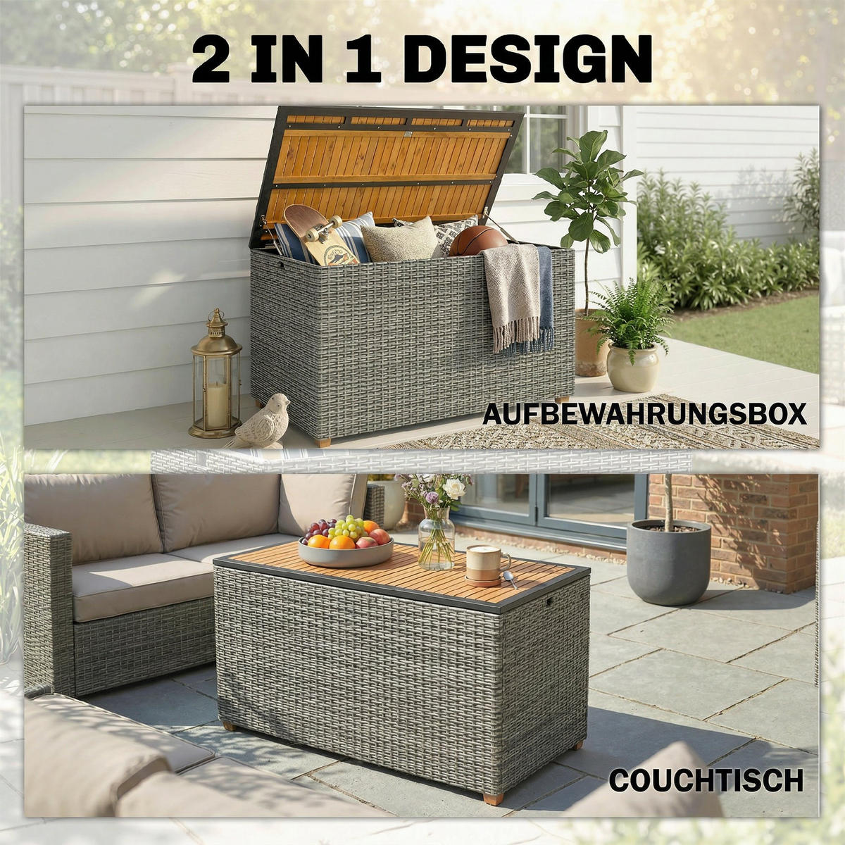 AUFBEWAHRUNGSBOX aus Akazienholz & PE-Rattan, Dunkelgrau - Dunkelgrau, Holz (68/67.5/120cm) - Outsunny