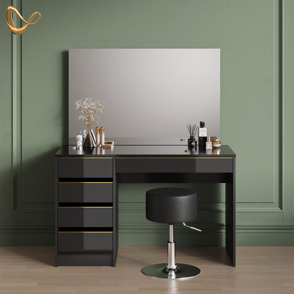 SCHMINKTISCH-SET Imola Schwarz/Gold 120 cm mit Hocker - Goldfarben/Schwarz, Holzwerkstoff (120/75/55cm) - Livinity®