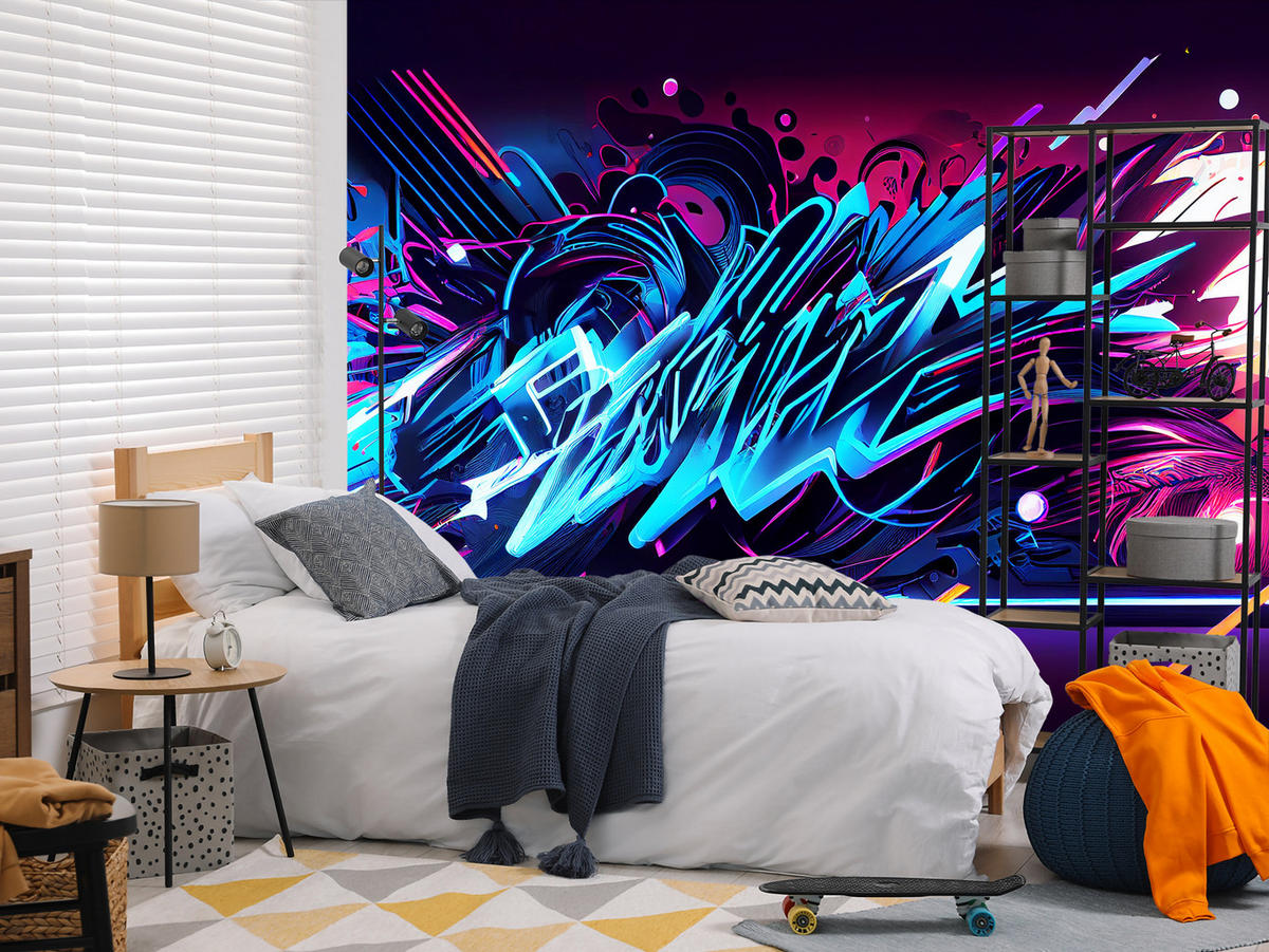 FOTOTAPETE für Jugendzimmer Neon Graffiti Schriften 400x280 - Blau/Gelb, Papier (400/280cm) - Muralo
