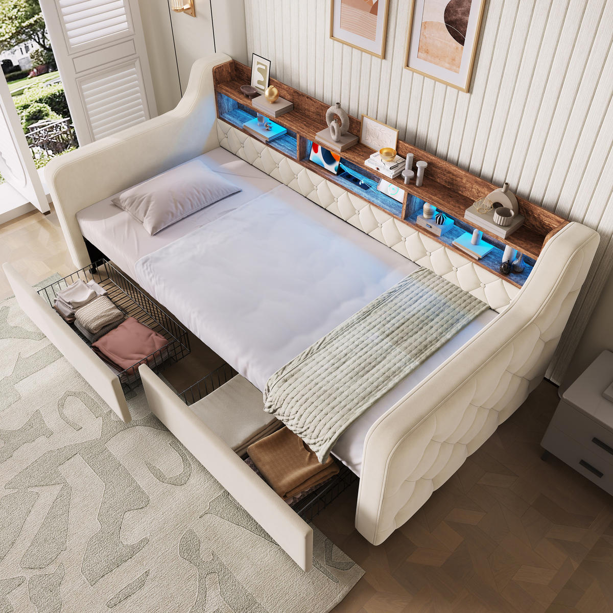 POLSTERBETT aus Velvet 90x190 cm Beige mit LED-Beleuchtung, Ladefunktion und 2 Schubladen - Beige, Textil (90/190cm) - Modfu