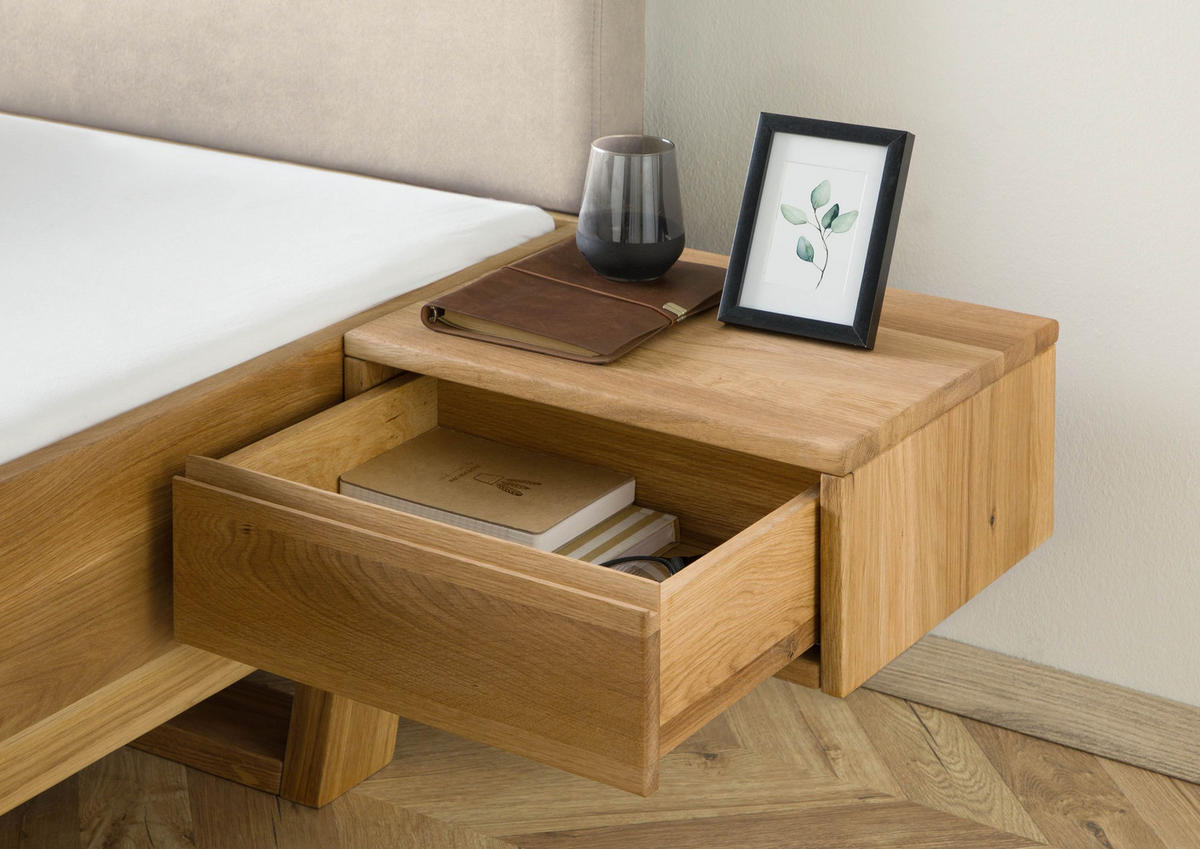 HOLZBETT mit Nachttisch Massivholz Eiche 200 x 200 x 86 natur FICHTELBERG #136 - Beige/Braun, Holz (200/200cm) - Massivmoebel24