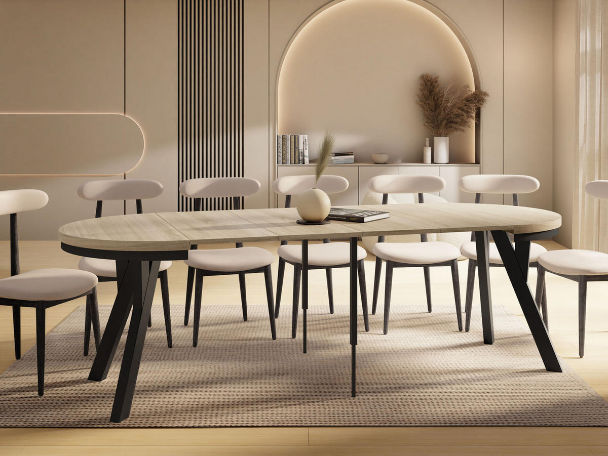 ESSTISCH Vero Neo rund ausziehbar verlängerbar, Eiche Sonoma Hellbraun 100-300/100/77 cm - Schwarz/Sonoma Eiche, Holz/Holzwerkstoff (100/100/77cm) - WFL GROUP