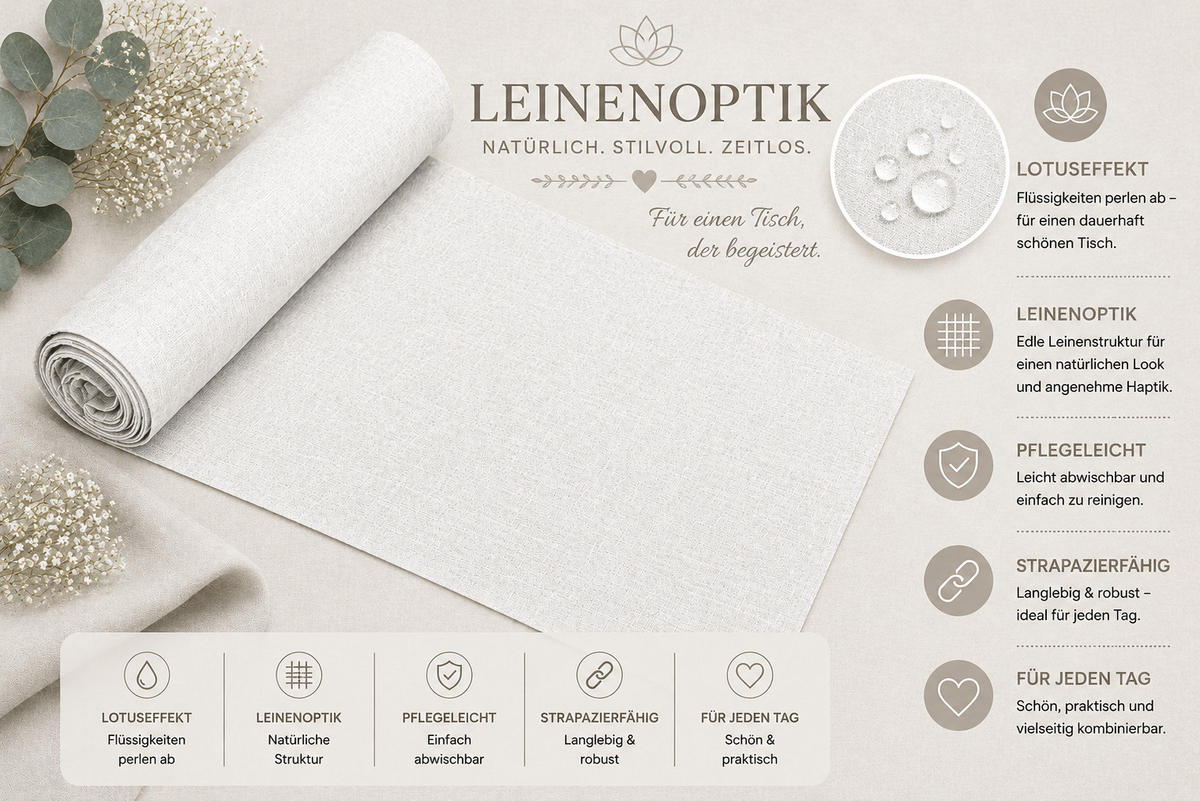 TISCHLÄUFER 40/100 cm Weiß Leinenoptik - Weiß, Textil (40/100cm) - TiborTex