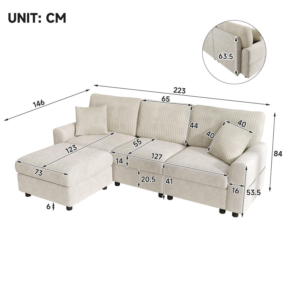 ECKSOFA 223/146/84 cm Beige mit 1 Fußhocker, 2 quadratischen Kissen, 1 USB-Anschluss und 1 Type-C-Anschluss - Beige, Textil (146/84/223cm) - Oxeza