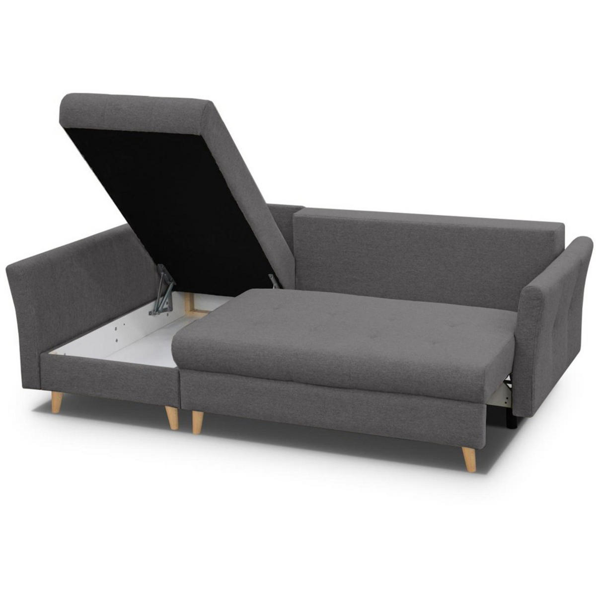 ECKSCHLAFSOFA Neron mit 2 Bettkasten und Beine in Buchefarbe, Dunkelgrau, links - Dunkelgrau/Buchefarben, Textil (233/148cm) - Beautysofa