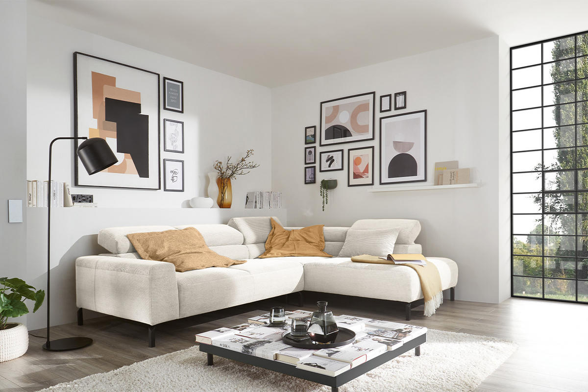 ECKSOFA MIT MOTORISCHEM SITZVORZUG DELIA Weiß Cord - Schwarz/Weiß, Textil/Metall (276/219cm) - KAWOLA