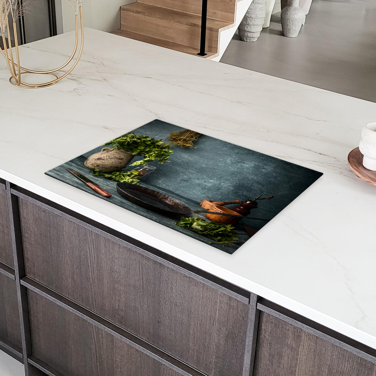 HERDABDECKPLATTE Kräuter - Gewürze - Pfanne - Messer - Grau - Rustikal 75x52 cm - Petrol, Kunststoff (75/52/0.2cm) - MuchoWow