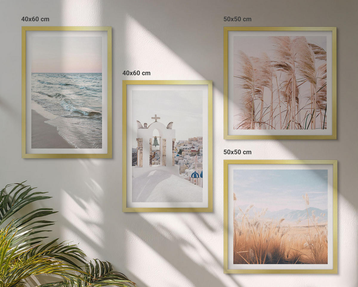 BILDER SET 4er Set - 50x50 cm & 40x60 cm Goldrahmen - Pflanzen, Meereswellen, Aussicht, Häuser - Goldfarben, Kunststoff (50/50cm) - TULUP