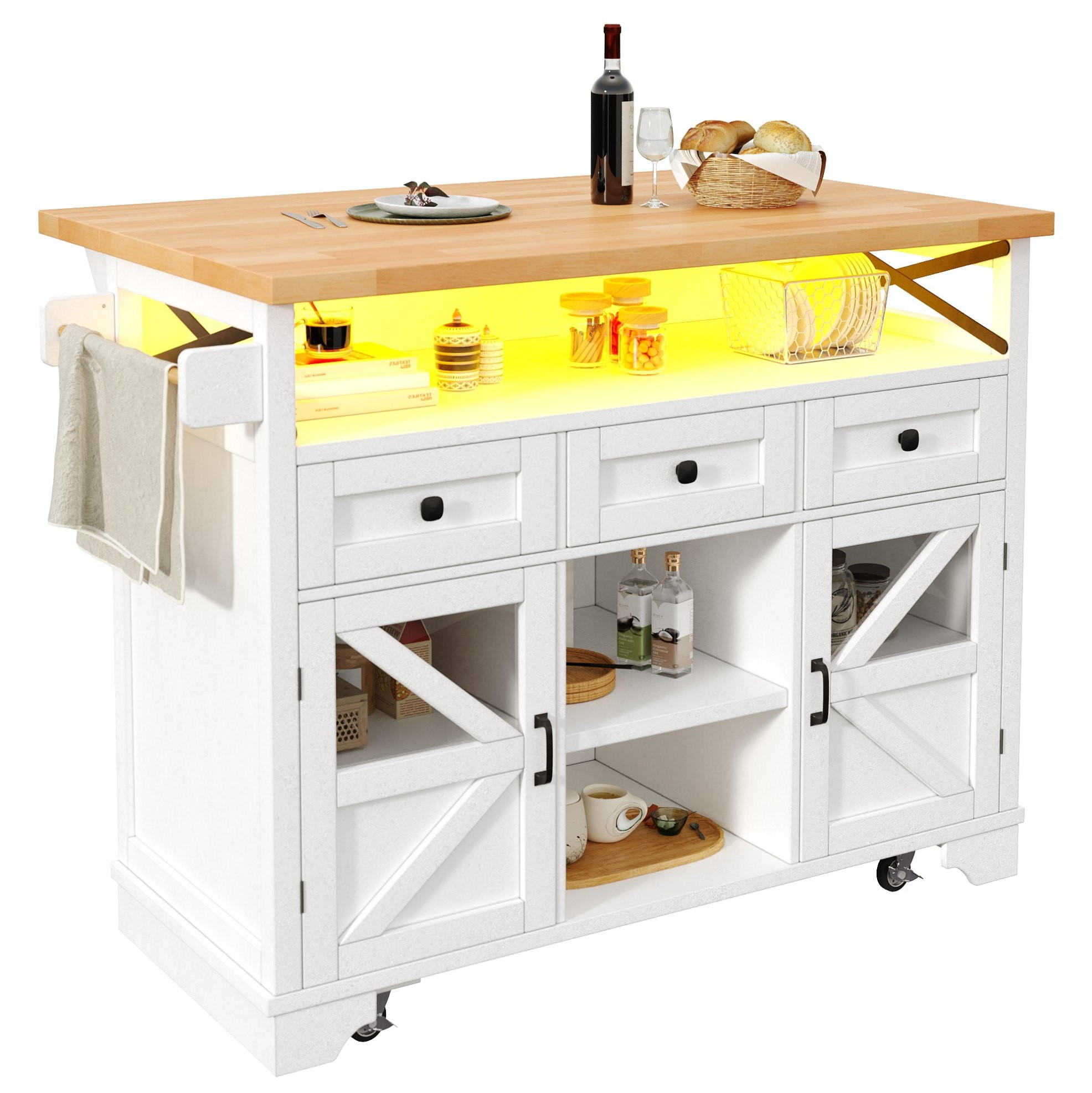 KÜCHENWAGEN aus MDF mit Klapptisch & LED, 120/71/98 cm (ausgefahren), Weiß - Weiß, Holzwerkstoff (120/98/43cm) - Redom
