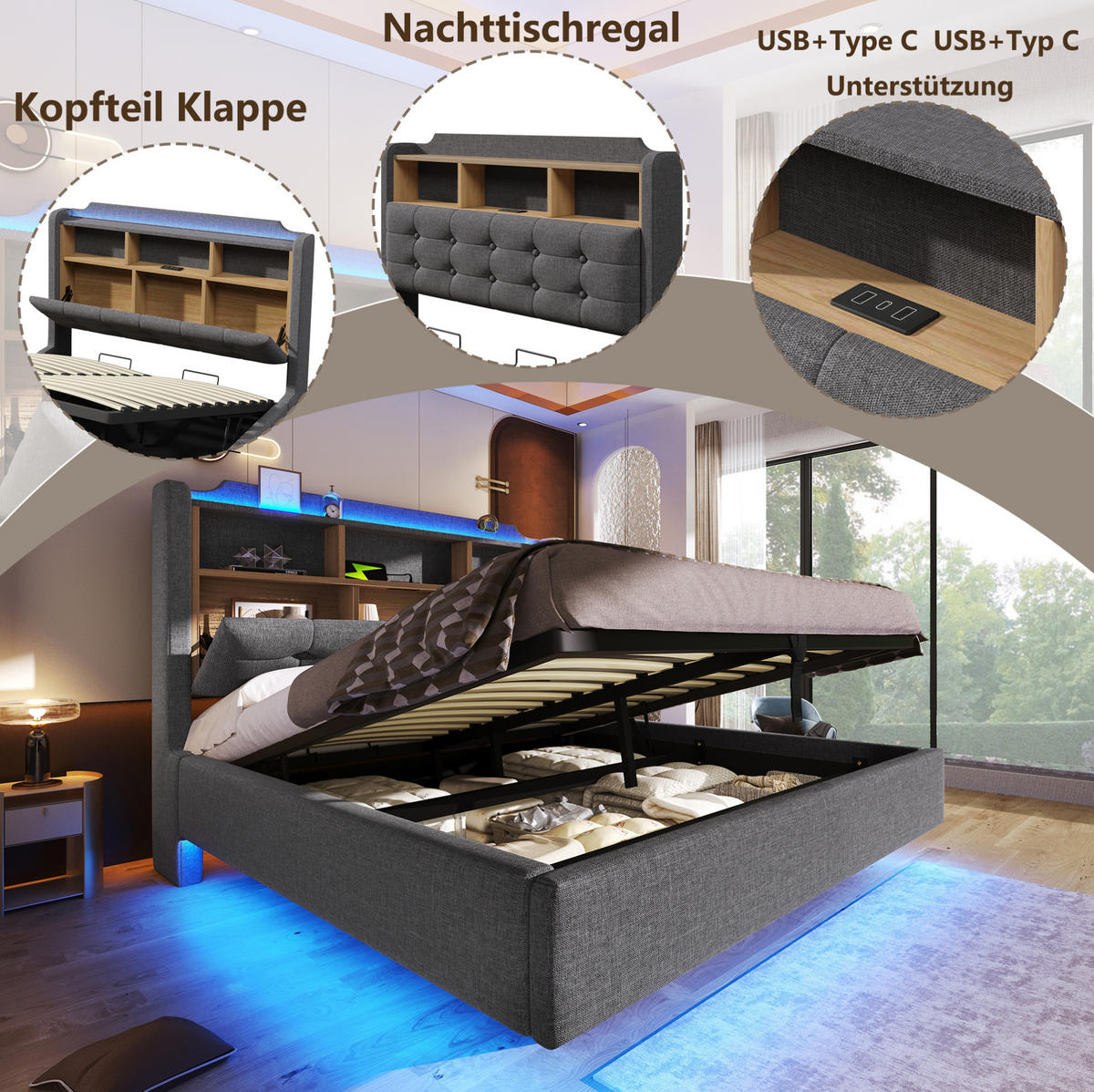 POLSTERBETT 140/200 cm Grau aus Leinen mit LED-Lichtleiste und Stauraum - Grau, Textil (140/200cm) - OKMYHOME