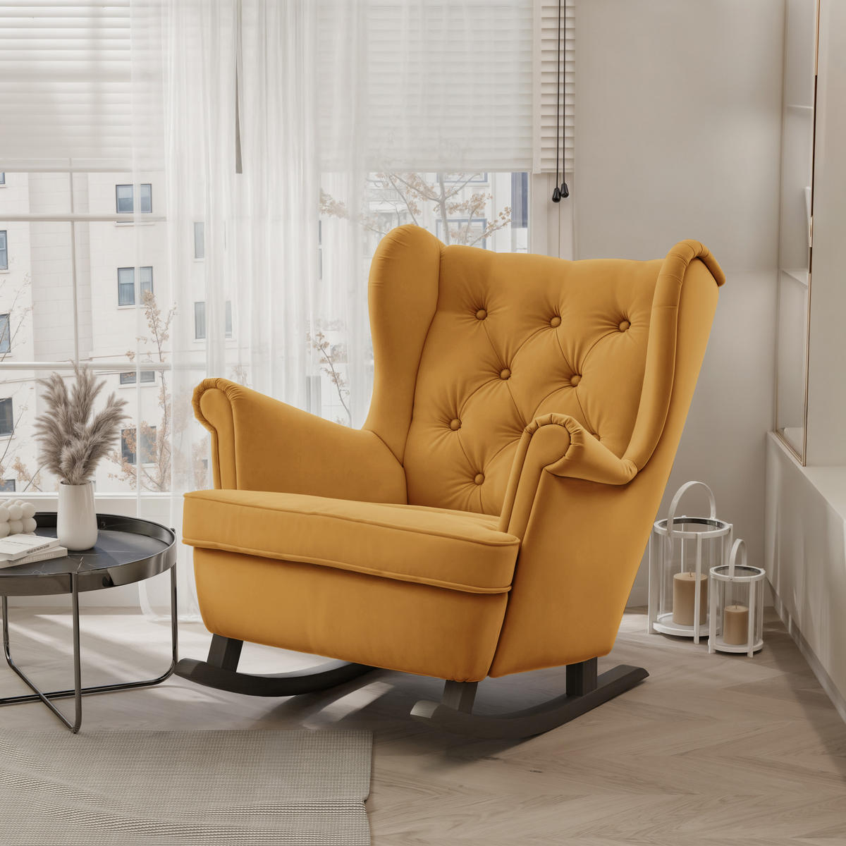 SCHAUKELSESSEL SCANDI Holzfüße, Samt Gelb - Gelb, Holz/Textil (75/97/60cm) - Idohome