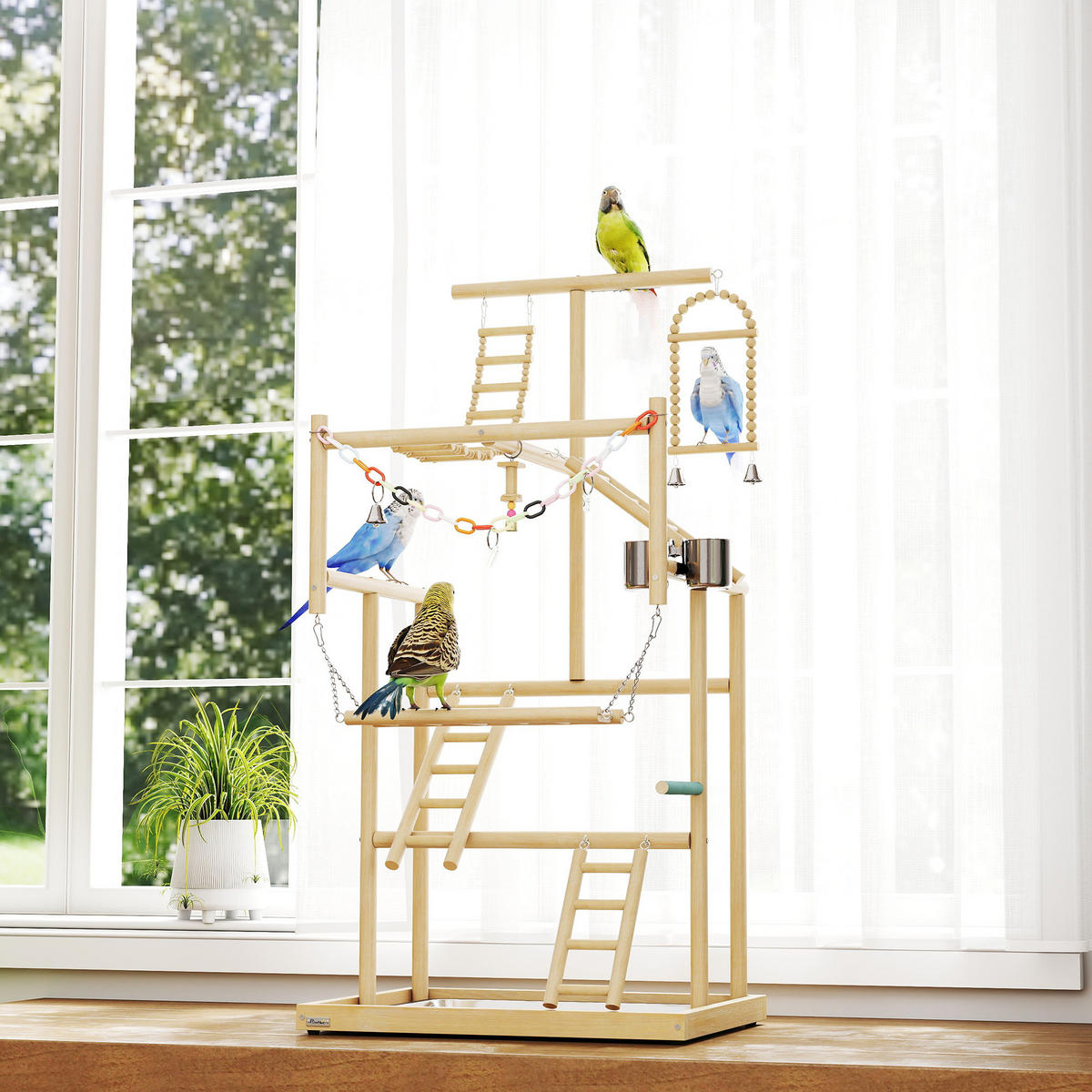 VOGELSPIELPLATZ DE-17841 4 Ebenen mit Leiter & Schaukel Natur - Naturfarben, Holz (38/95/48cm) - ComfortXL