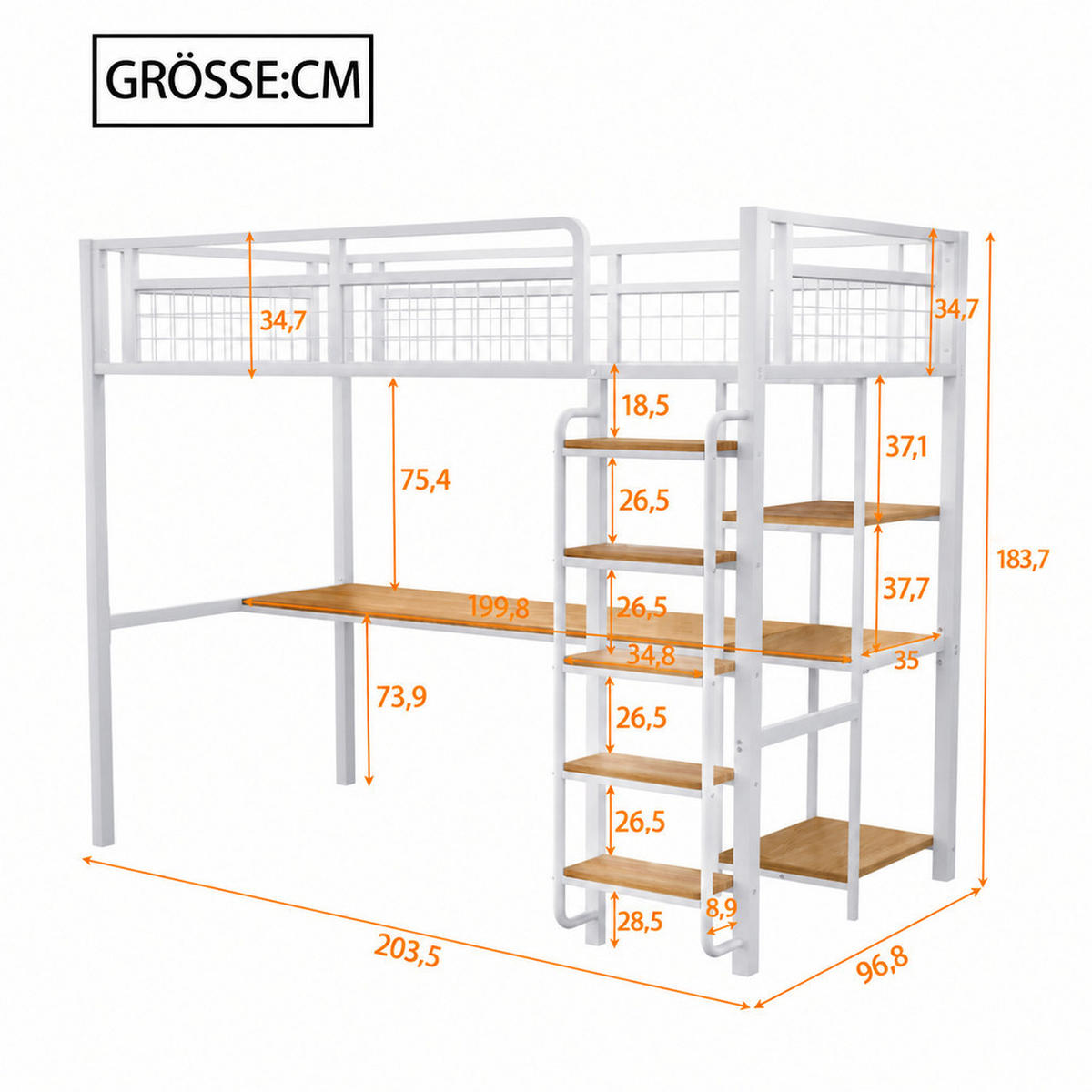 HOCHBETT 90/200 cm Weiß mit Treppenstufen, Tisch und Regalen - Weiß, Metall (90/200cm) - Oxeza