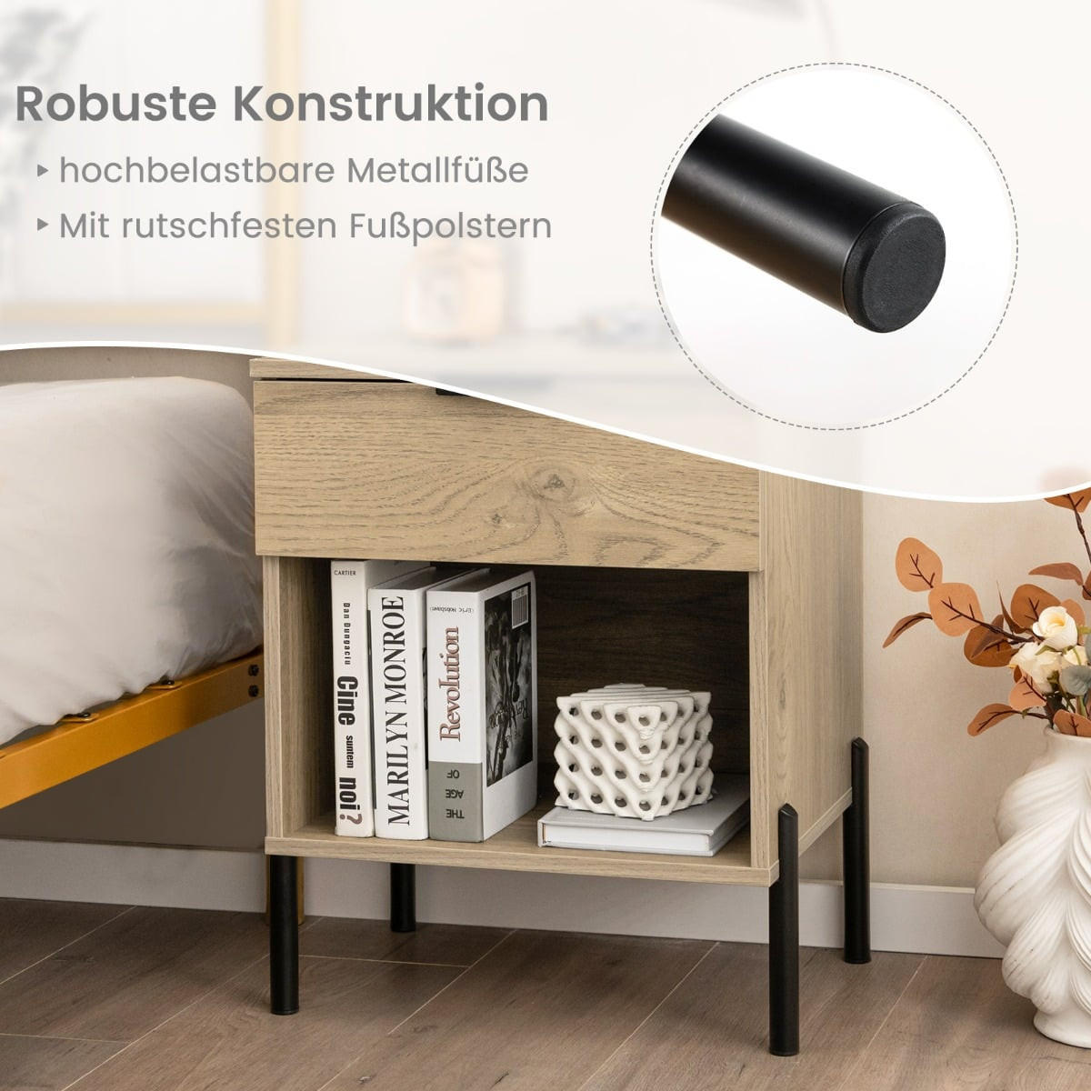 NACHTTISCH mit integrierter Ladestation, Schublade und offenem Fach - Edelstahlfarben/Naturfarben, Holzwerkstoff/Metall (40/58/45cm) - DESIGN IN