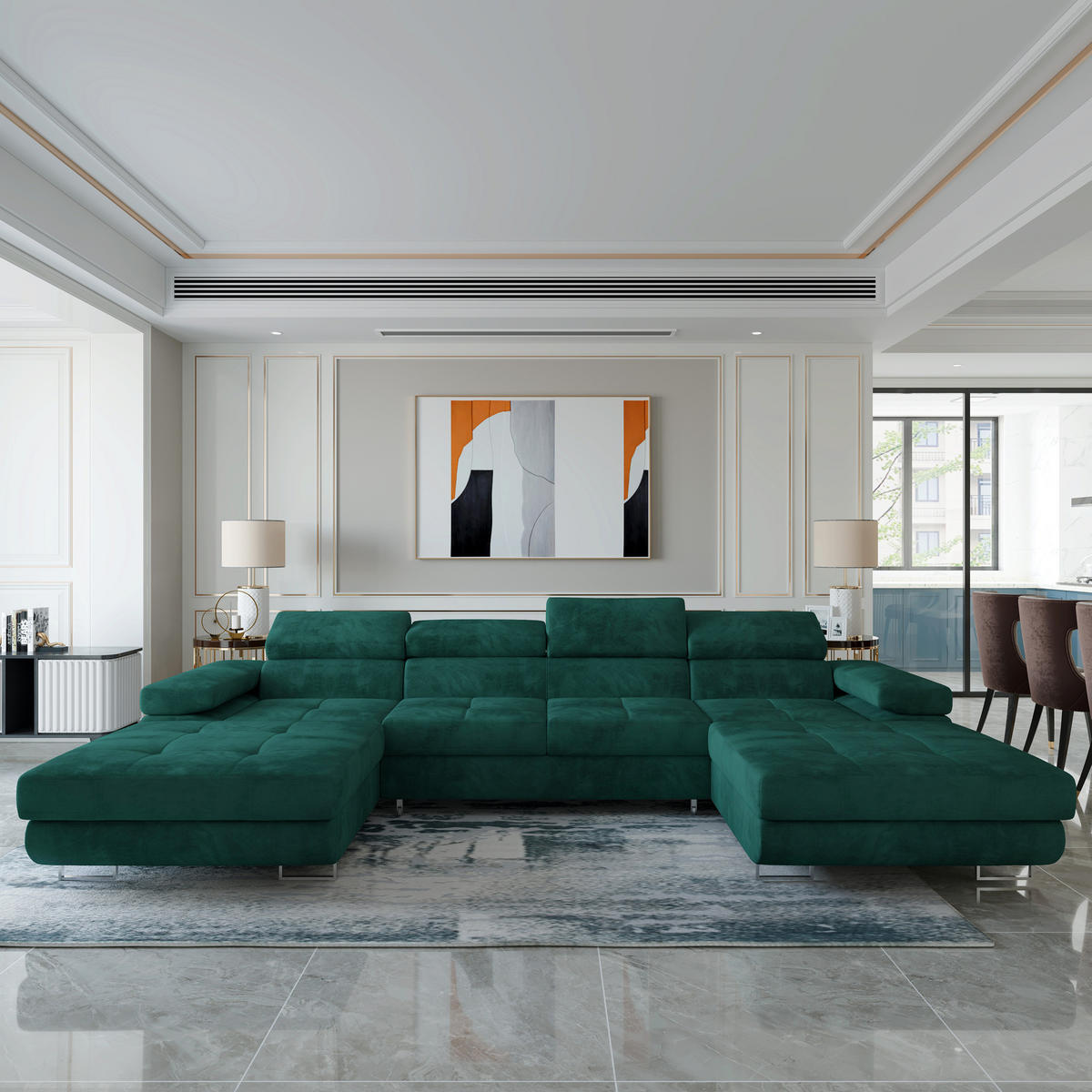 ROHOVÁ SEDAČKA LYKKE zelená barva - stříbrná/zelená barva, kov/dřevo (353/202cm) - MASSENO