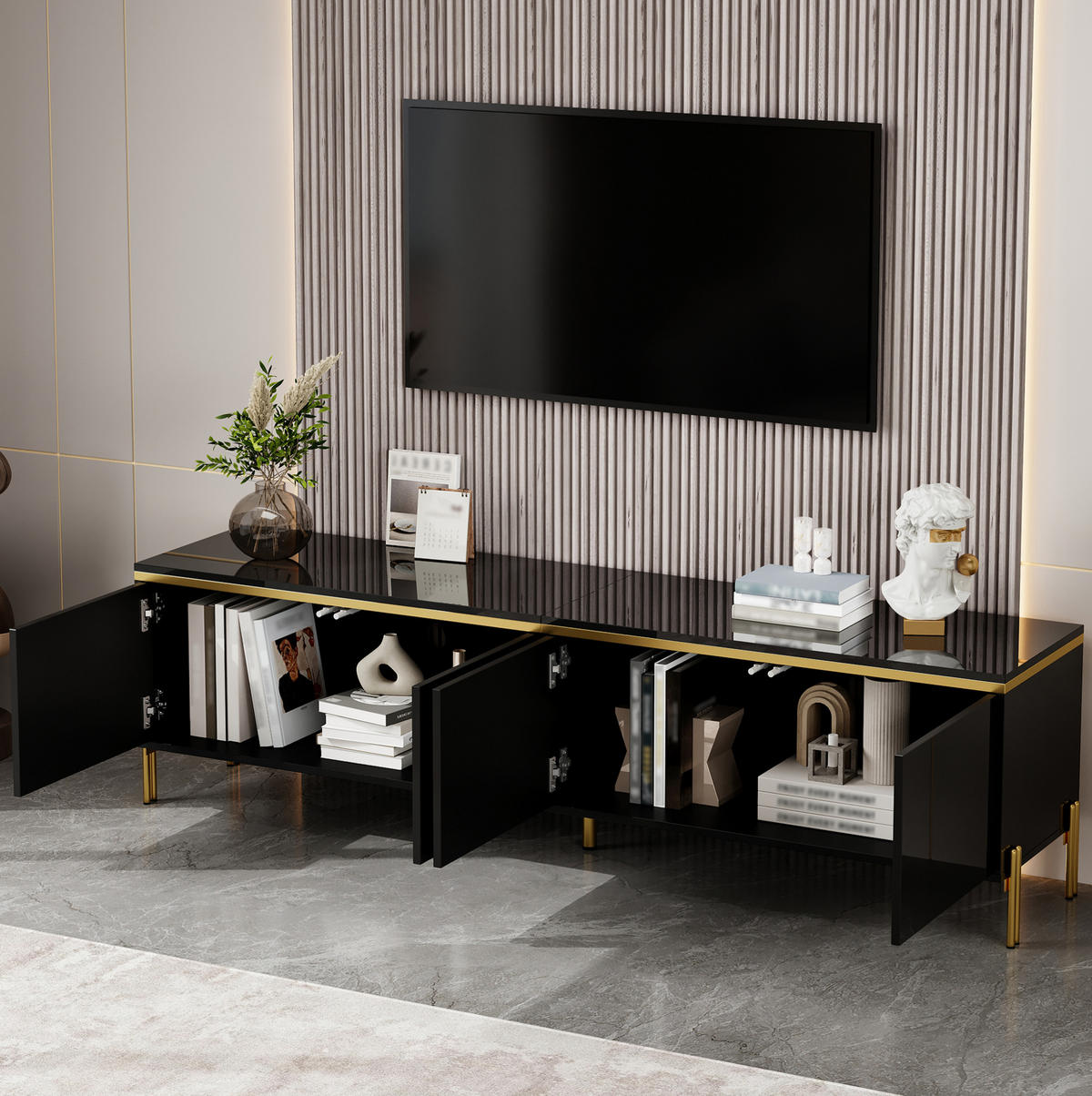 TV-LOWBOARD aus Holzwerkstoff 170x38x50 cm Schwarz mit 4 Türen, Kabeldurchführung und Hochglanzoberfläche - Schwarz, Holzwerkstoff (170/50/38cm) - Modfu