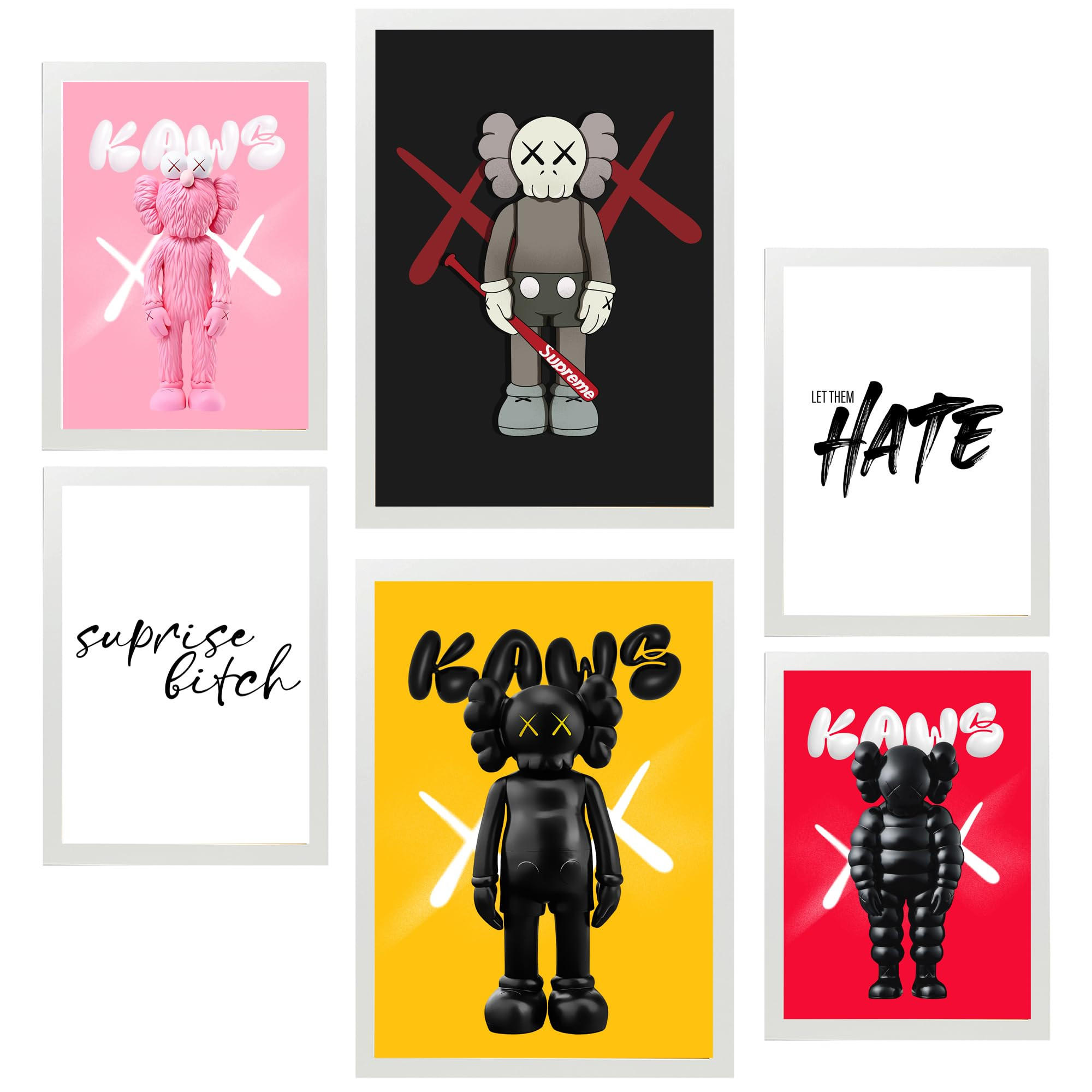 POSTER Set Mit 6 Messaggio Iconico Di Kaws A3 & A4 Weißer Rahmen - Weiß, Papier (29/3cm) - Nacnic