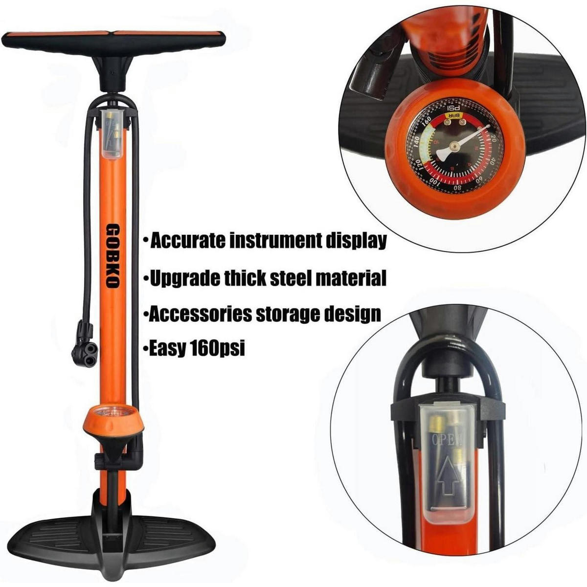 FAHRRADPUMPE mit Manometer für Presta und Schrader Ventile - Orange, Metall (24.1/73.7/24.1cm)