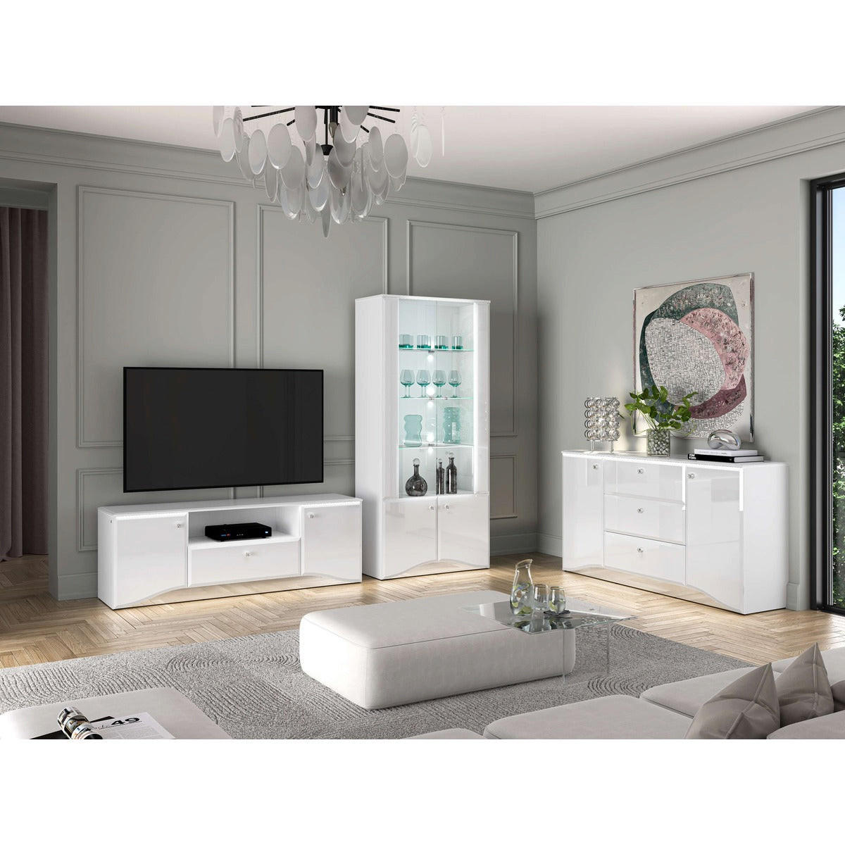 WOHNZIMMER Set 3-tlg. – Glamour - Weiß Hochglanz, Holzwerkstoff (87/190/41cm) - hi-markt