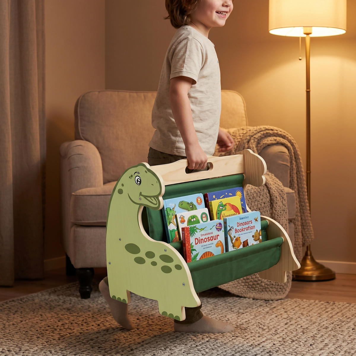 KINDERBÜCHERREGAL Weiß Natur 4 Stofffächer Dino - Multicolor, Holz/Textil (44/34/31cm) - Relaxdays