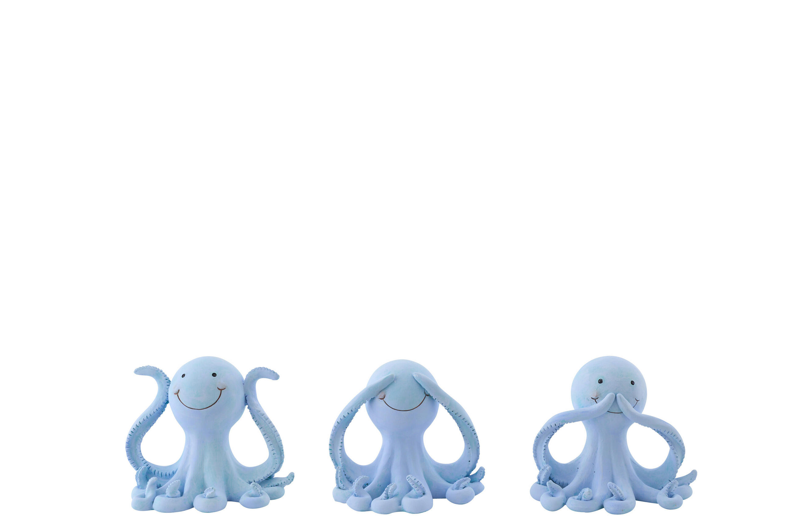 DEKOOBJEKT OKTOPUS SEHEN/HÖREN/SCHWEIGEN (3ER SET) - Blau, Glas/Naturmaterialien (7/11/13cm) - J-Line