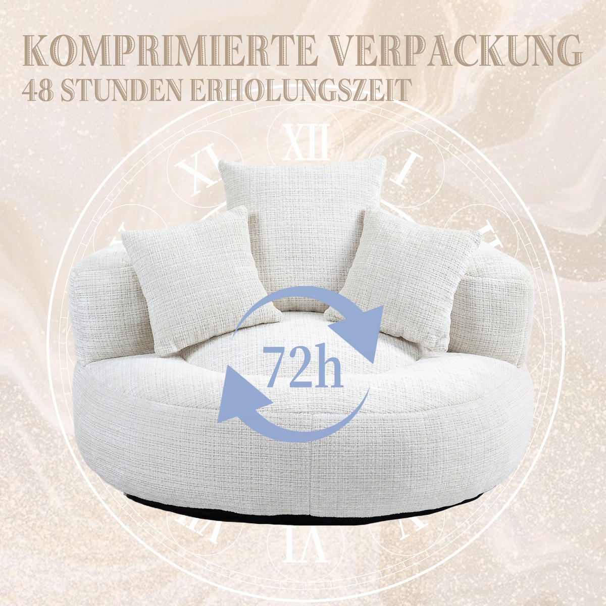 LAZY SOFA– Hoher Rücken & 3 Kissen (Beige Chenille) - Beige, Textil (108/52/108cm) - Urban Meuble