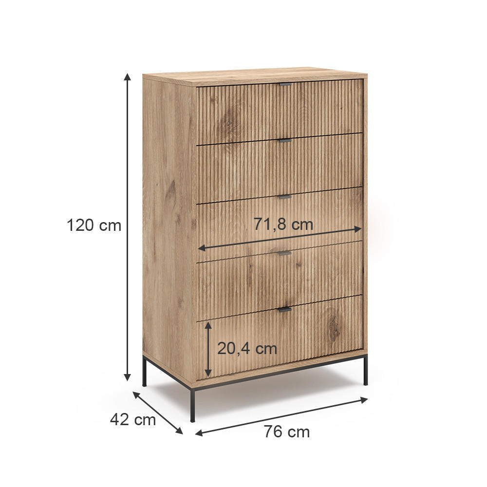 Thumbnail - Vicco Kommode, Eiche, Holzwerkstoff, 5 Schubladen, Rechteckig, 76x120x42 cm, Wohnzimmer, Kommoden & Sideboards, Kommoden
