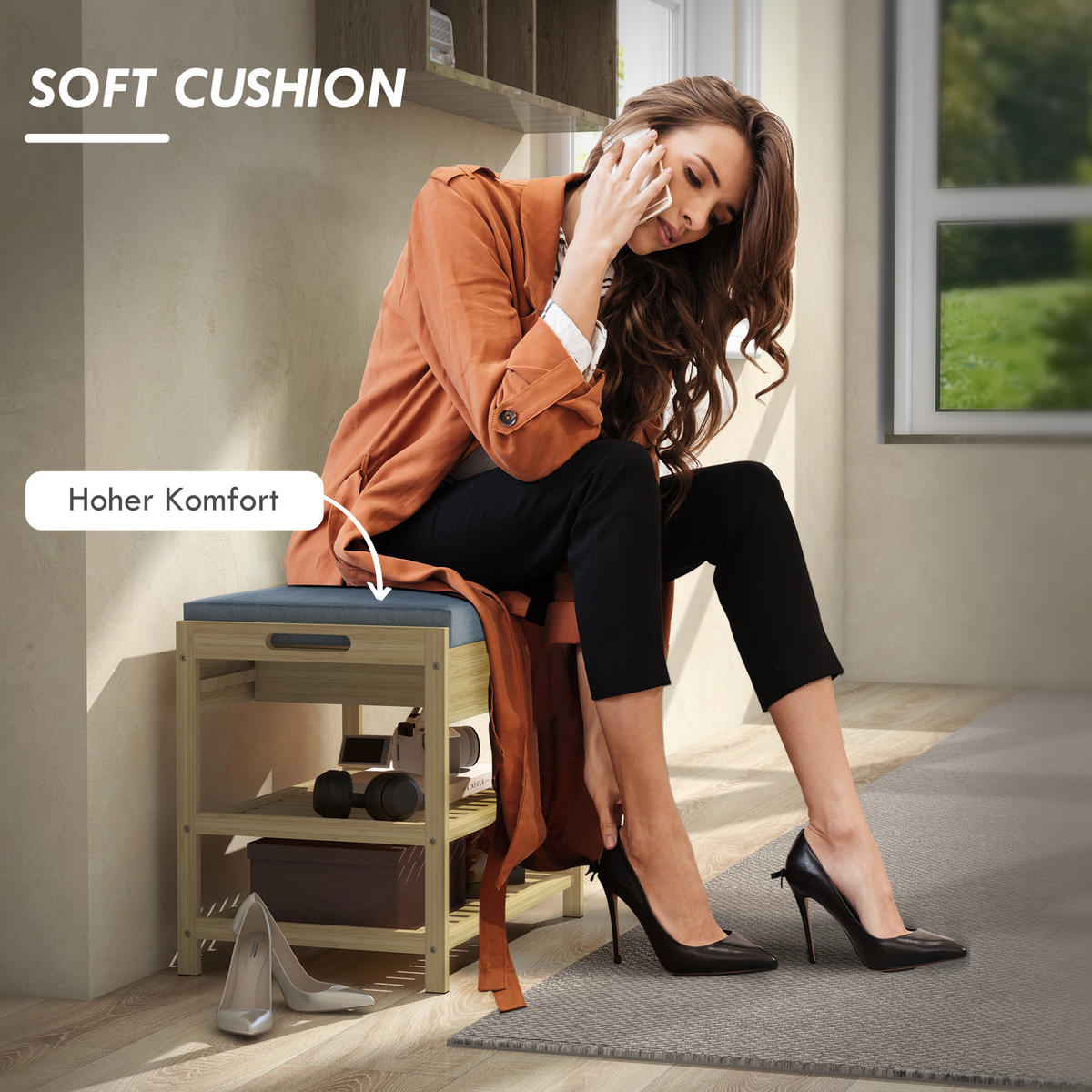 SCHUHBANK mit 2 Etagen, Schublade, für 4 Paar Schuhe, für Flur, Bambus, Natur - Naturfarben, Kunststoff (35/46/55cm) - HOMCOM