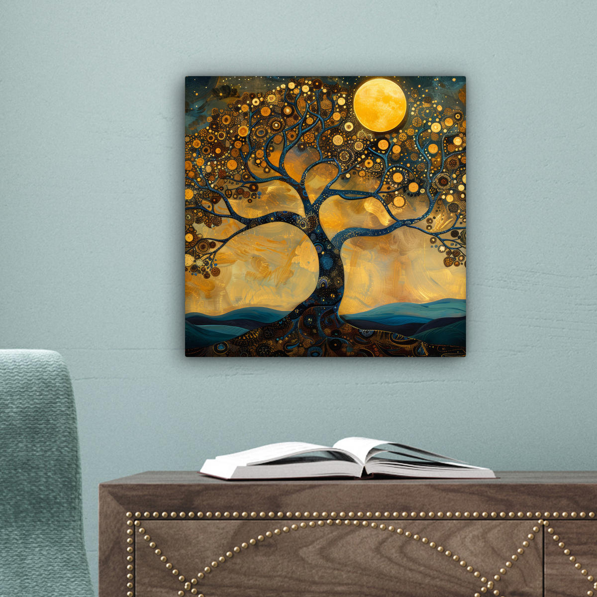 LEINWANDBILD Baum - Mond - Blumen - Gold - Kunst Deko Wohnzimmer 20x20 cm - Orange, Textil (20/20cm) - MuchoWow