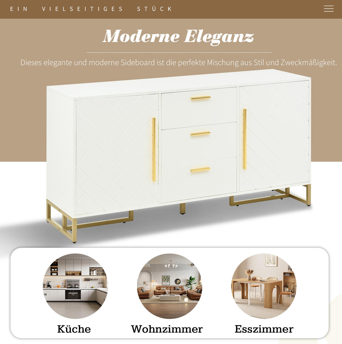 SIDEBOARD 145/40/75 cm weiß aus MDF-Holzwerkstoff mit Fischgrätenmuster und 3 Schubladen - Weiß, Holzwerkstoff (145/75/40cm) - OKWISH