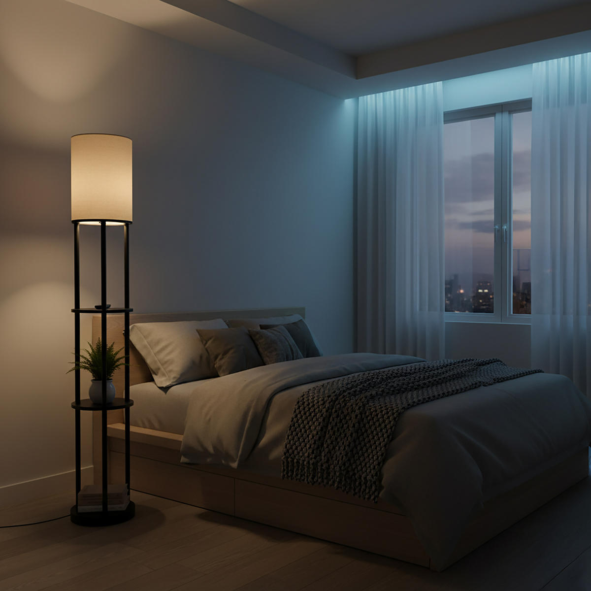 STEHLAMPE Schwarz Weiß 3 Ablagen Leinenschirm E27 180 cm - Schwarz, Holz/Textil (30/30/180cm) - Relaxdays
