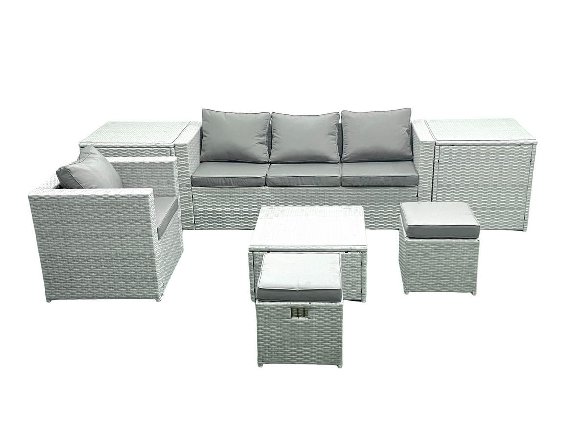 GARTENMÖBELSET mit 3-SITZER SOFA,COUCHTISCH Polyrattan Hellgrau-Mix 6-Sitzer - Hellgrau/Grau, Glas/Kunststoff - Fimous