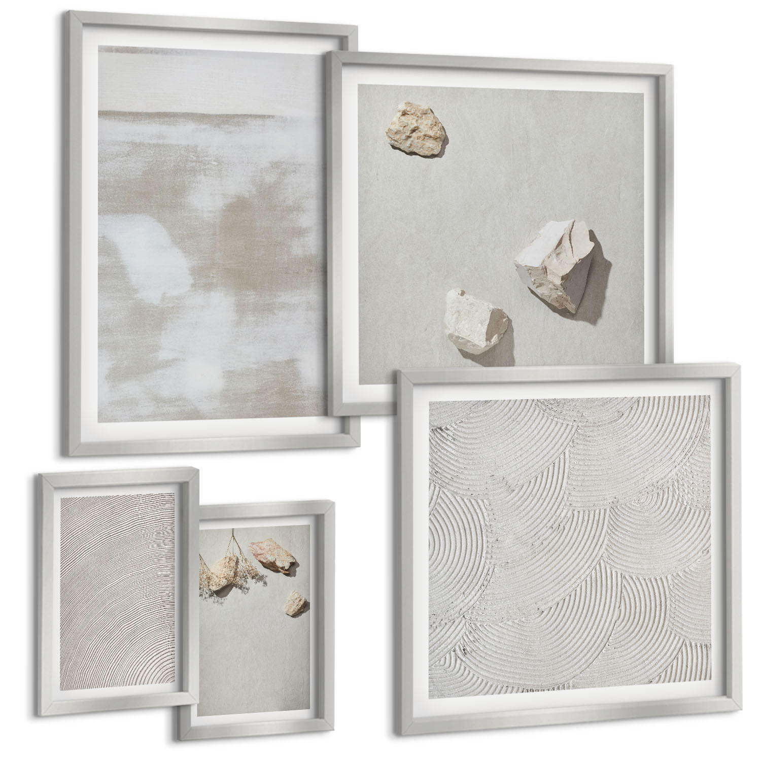 BILDER SET 5er Set - 50x50 cm & 20x30 cm & 40x60 cm Silberner Rahmen - Boho-Textur aus Sandsteinen - Silberfarben, Kunststoff (40/60cm) - TULUP