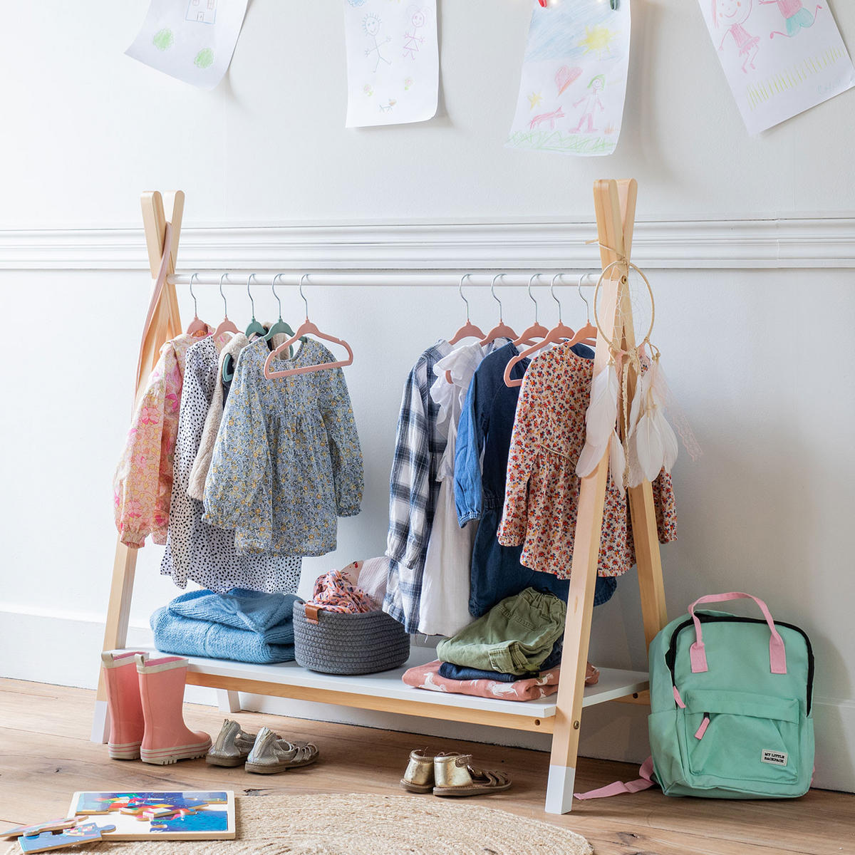 KINDERGARDEROBE Lou Weiß und Holz - Weiß, Holz (40/100/100cm) - Happy Garden