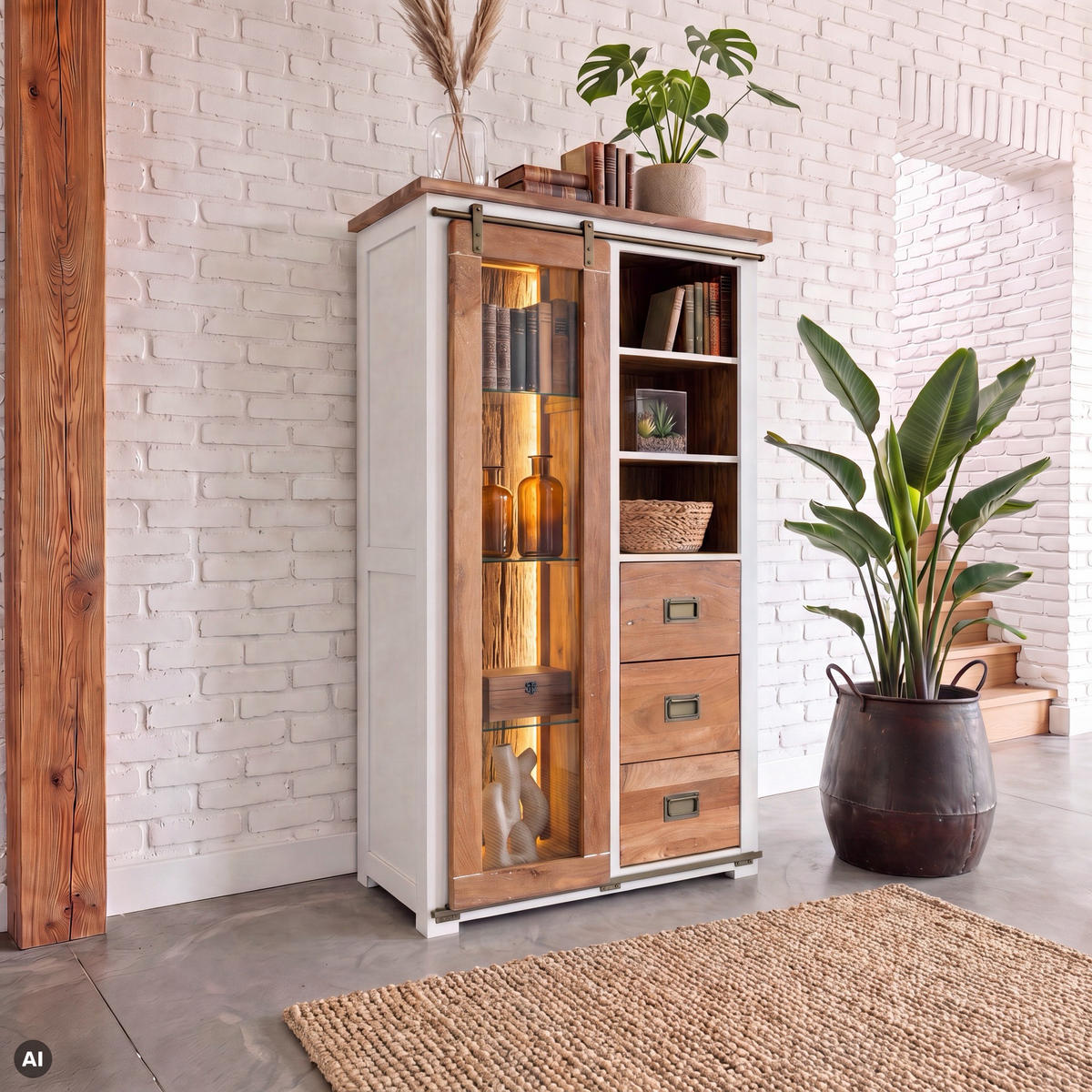 VITRINE Mango / Altholz 100x45x175 weiß lackiert RAILWAY LUX #525 - Weiß, Holz (100/175/45cm) - Massivmoebel24