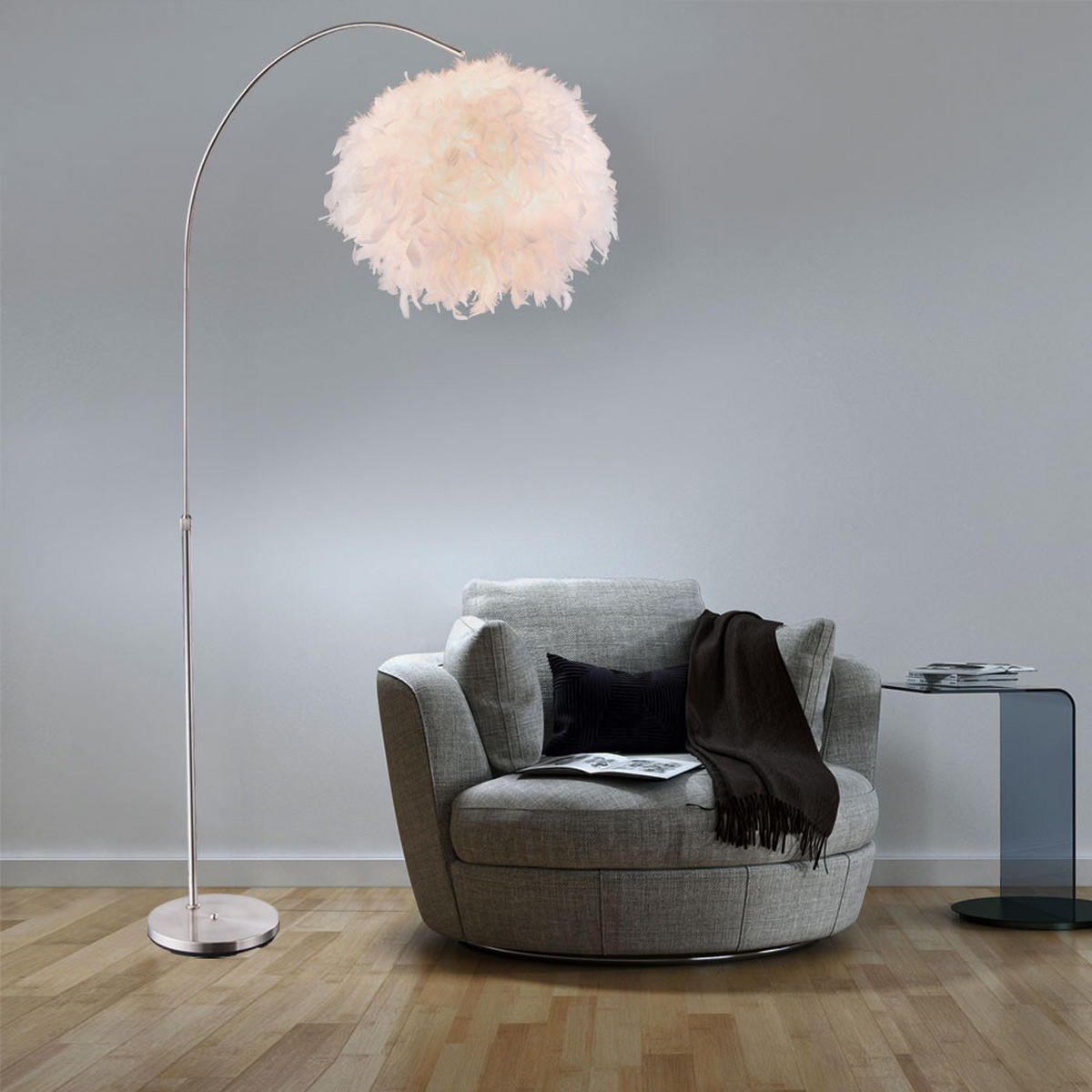 LED STEHLEUCHTE Metall Weiß Feder-Lampenschirm - Weiß, Kunststoff (96/96/196cm) - Globo Lighting