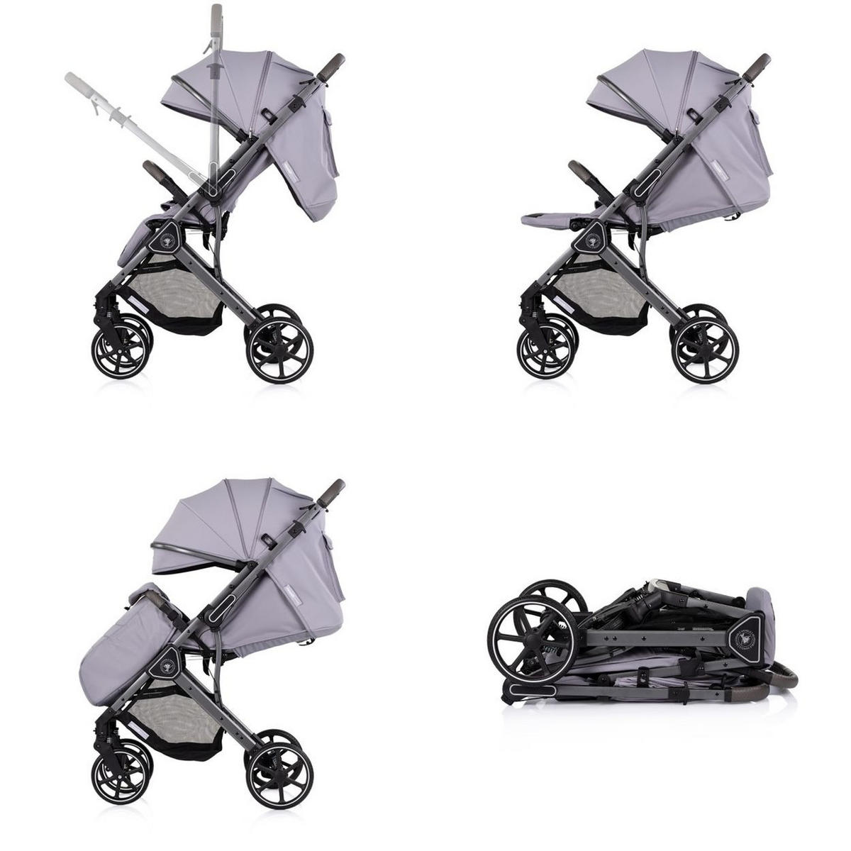 KINDERWAGEN Omnia PU-Räder grau klappbar, Stoßdämpfer, Sonnendach, Fußsack - Grau, Metall (69/63/102cm) - Chipolino