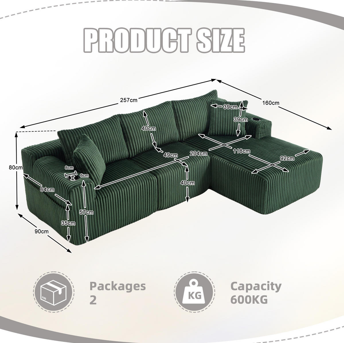 ECKSOFA 257/90-160/62 cm smaragdgrün aus Cord mit Cupholdern - Smaragdgrün, Textil (160/257cm) - OKWISH