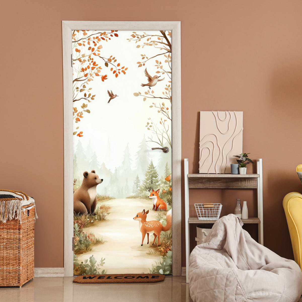 TÜRAUFKLEBER Selbstklebend - Wald - Herbst - Waldtiere - Bär - Fuchs 90x205 cm - Türtapete - Kastanienfarben, Kunststoff (90/0.1cm) - MuchoWow