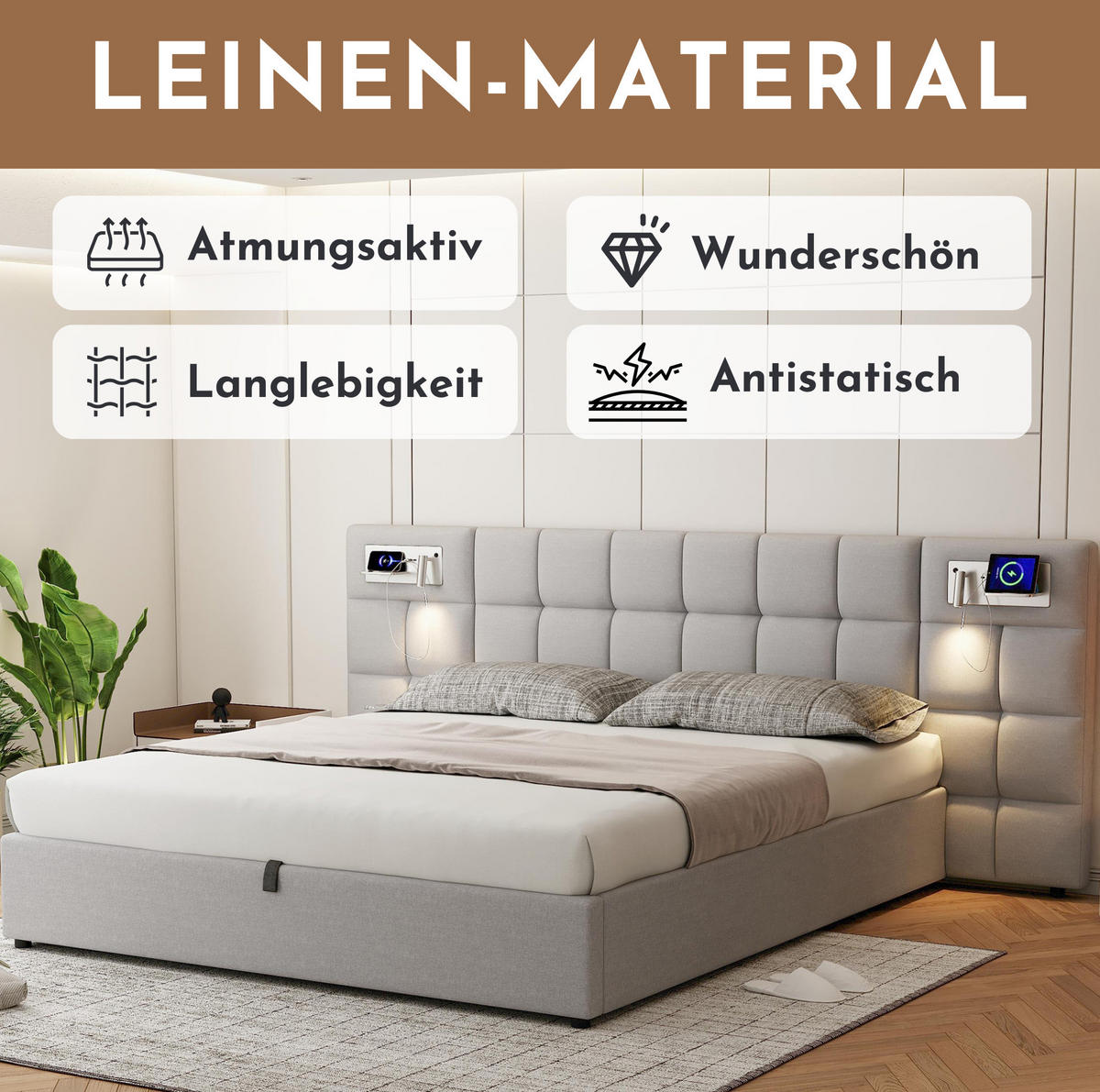 POLSTERBETT 180/200 cm Grau aus Leinen mit Stauraum - Grau, Textil (180/200cm) - OKMYHOME