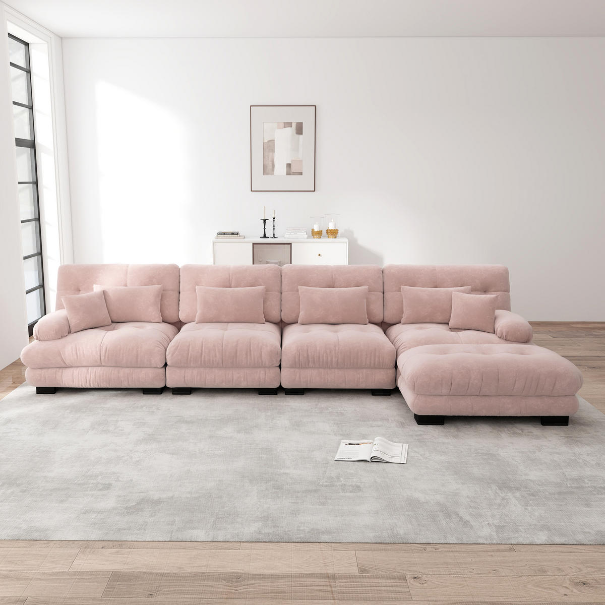4-SITZER ECKSOFA Chenille Rosa mit Ottoman - Rosa, Textil (406/145cm) - WISHDOR
