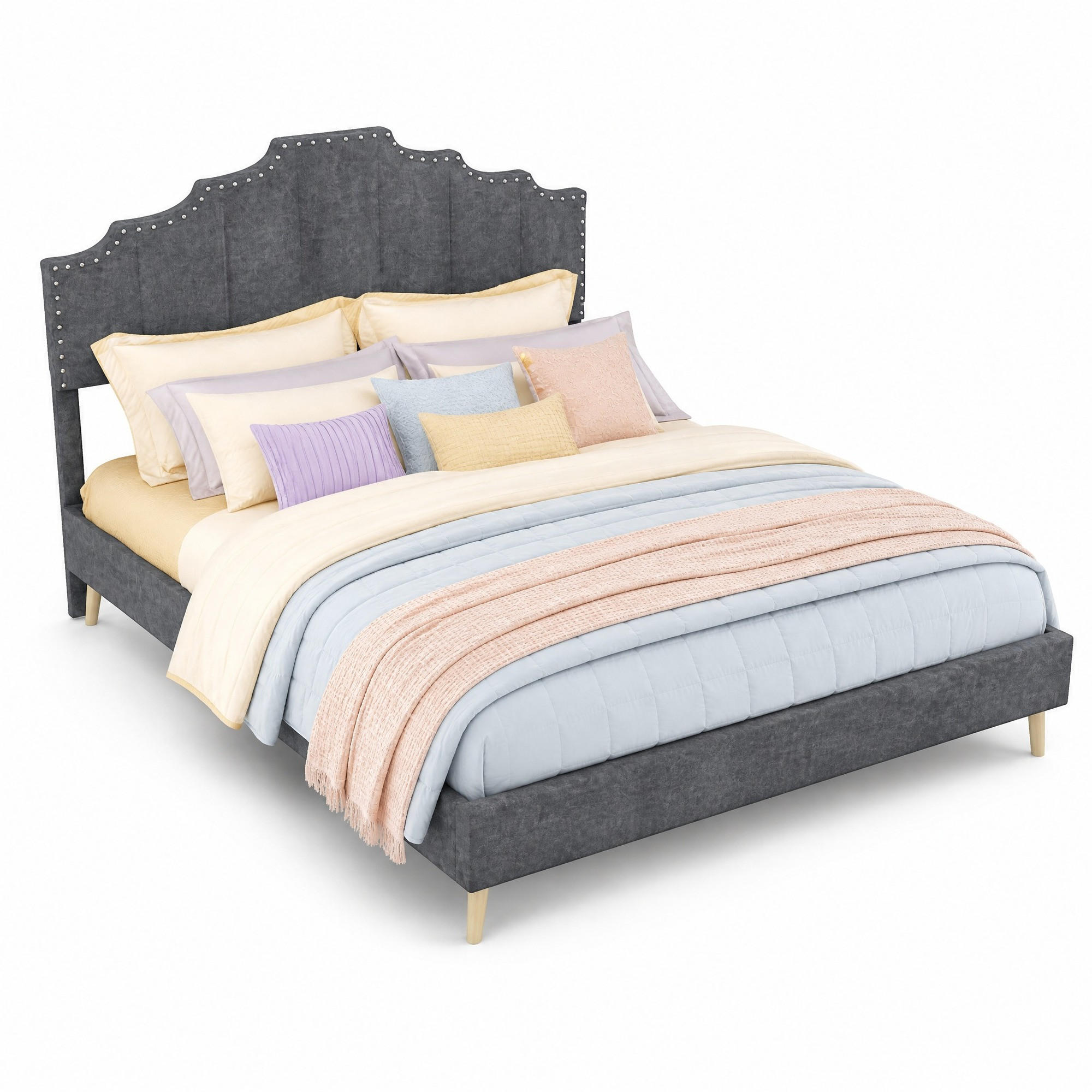 BETT mit geometrischem Kopfteil 140x200 cm Stoff Grey - Grau, Metall (140/200cm) - Meubliv