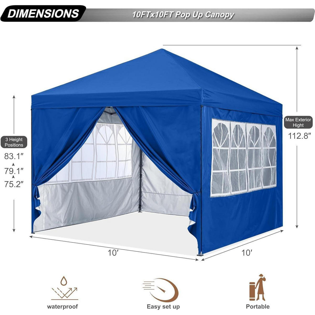 PAVILLON 2.5x2.5M wasserdicht Pop-Up Sonnenschutz mit Rolltragetasche Weiß - Blau, Textil (243.8/297.2/243.8cm)