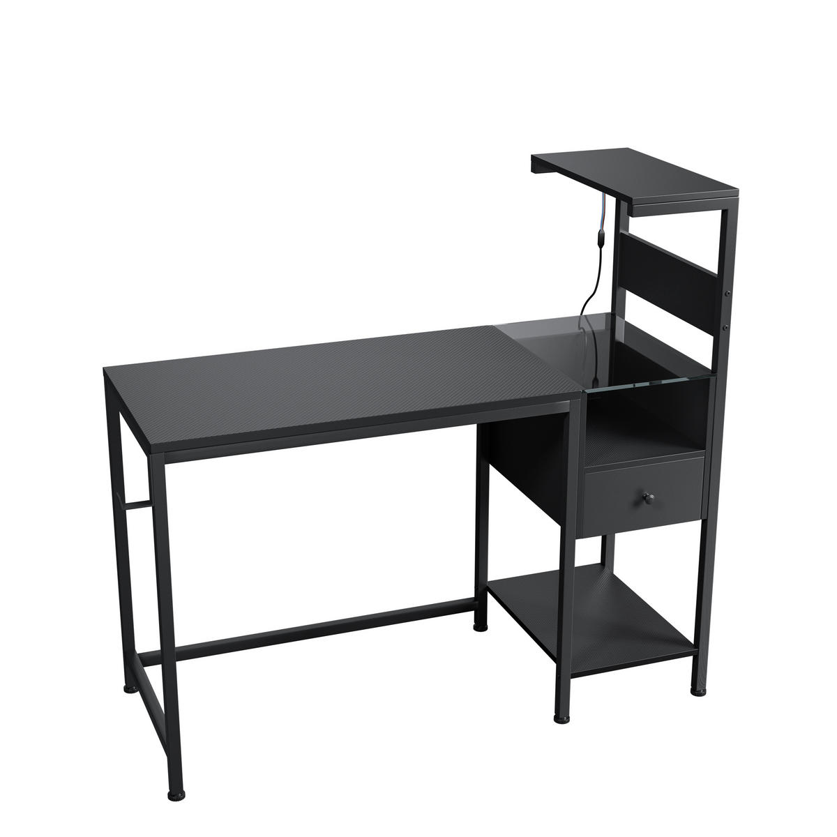 COMPUTERTISCH Schwarz 122/51/110 cm mit Stromanschluss USB LED-Beleuchtung und Regal - Schwarz, Metall (50/122/115cm) - PANGIVO