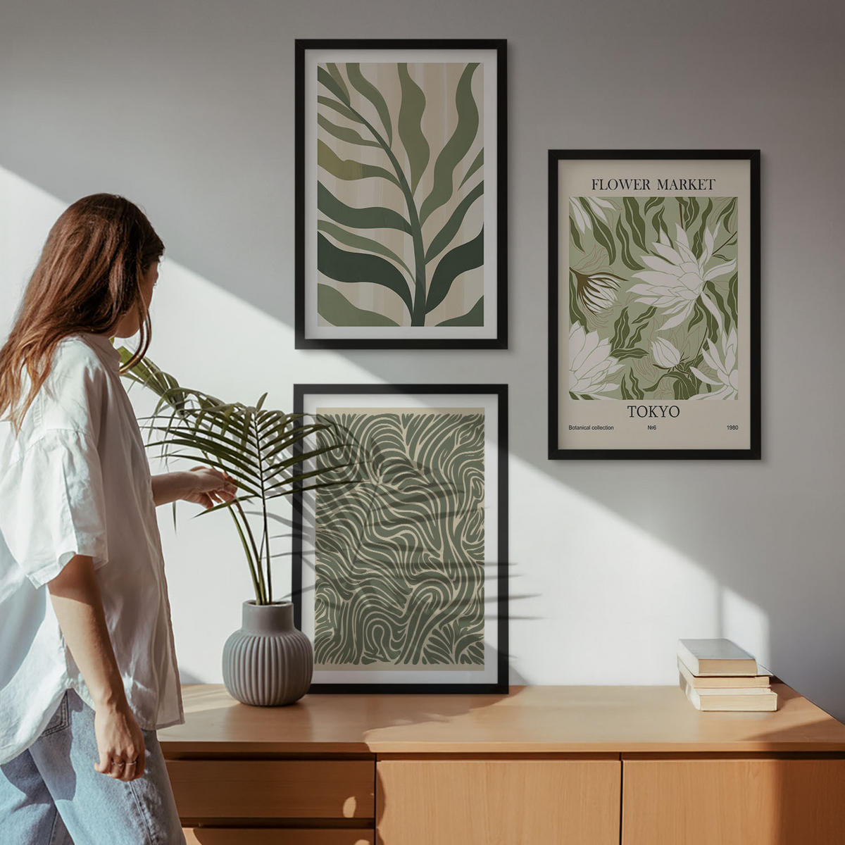 WANDBILDER 3er-Set - 40x60 cm Schwarzer Rahmen - Pflanzenmuster, Boho-Dekorationen - Schwarz, Kunststoff (40/60cm) - ArtPrintCave