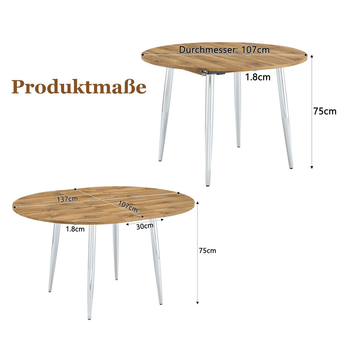 ESSTISCH ausziehbar 107-137 cm DE-40074 Weiß - Naturfarben, Holzwerkstoff (107/137/75cm) - ComfortXL