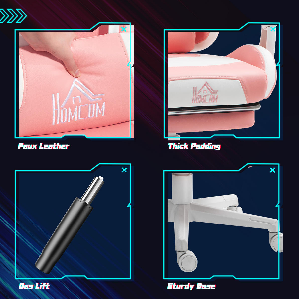 GAMING Stuhl Ergonomischer Gamer Stuhl mit Lendenwirbelstütze, Fußstütze Rosa - Rosa/Weiß, Leder/Kunststoff (62/124/65cm) - HOMCOM
